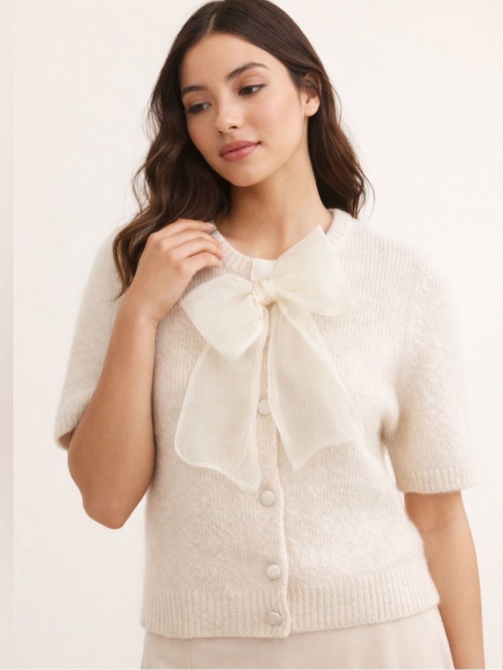 H&M Ivory Nude Short Sleeve Button Front Bow Detail Knit Sweater